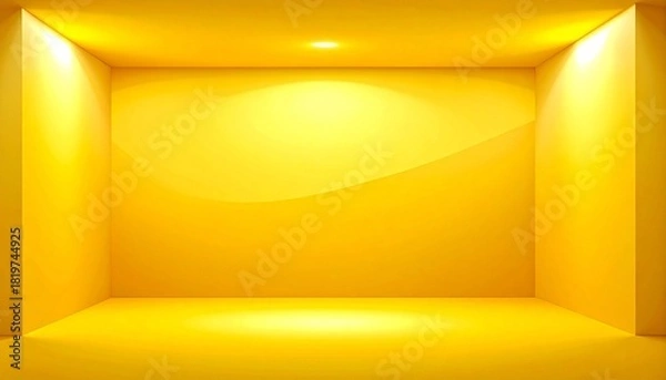 Fototapeta "Photography studio with yellow background, three black lights casting spotlight on circular floor area."