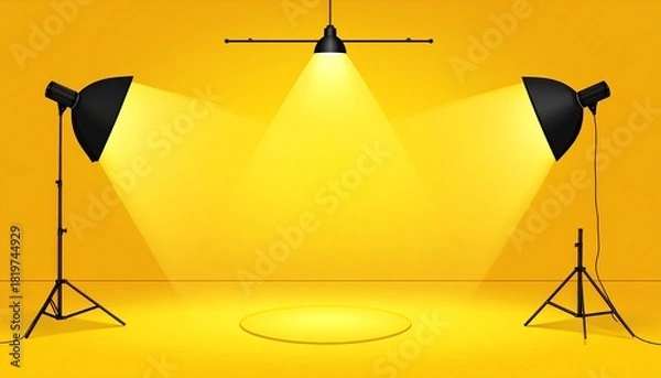 Fototapeta "Photography studio with yellow background, three black lights casting spotlight on circular floor area."