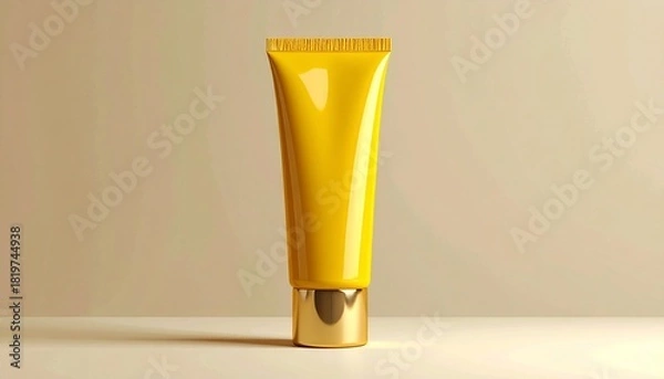 Fototapeta "Yellow cosmetic squeeze tube with gold cap on beige background and soft circular light gradient."