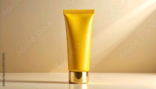 Fototapeta "Yellow cosmetic squeeze tube with gold cap on beige background and soft circular light gradient."