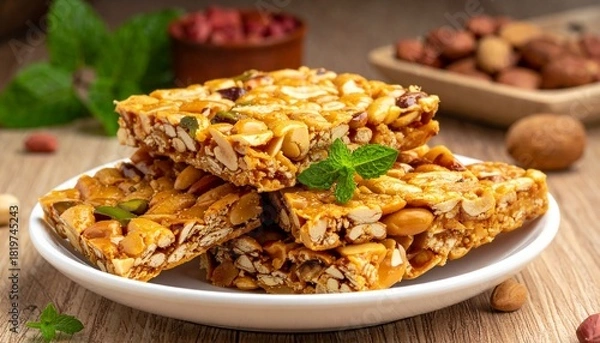 Fototapeta "Nut and seed brittle bars with mint garnish on wooden surface and red bowl in background."