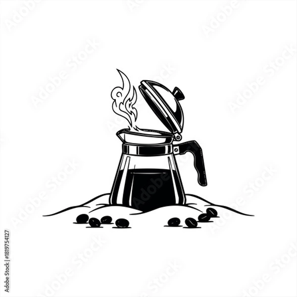 Fototapeta A glass coffee pot with steaming hot liquid and an open lid, illustrated in a bold black and white line art style with coffee beans scattered at its base