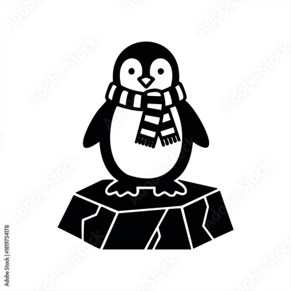 Fototapeta A cute black and white penguin character wearing a striped scarf stands on a small iceberg in this charming winter-themed vector illustration with a simple graphic style