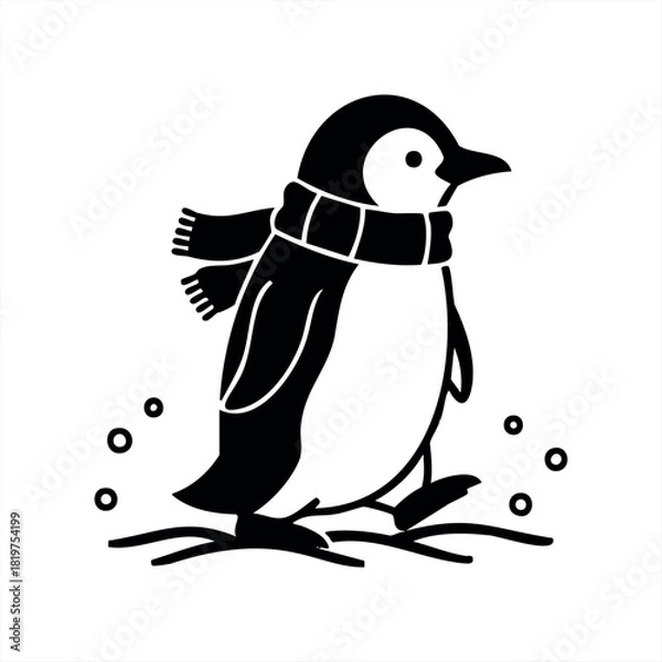 Fototapeta A cute black and white penguin illustration wearing a cozy winter scarf walks through the snow in a charming, minimalist graphic design style perfect for seasonal themes