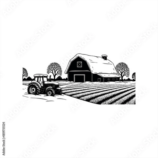 Fototapeta A black and white farm landscape illustration with a tractor parked by a snowy field and a rustic barn with bare trees, depicted in a classic woodcut or linocut art style