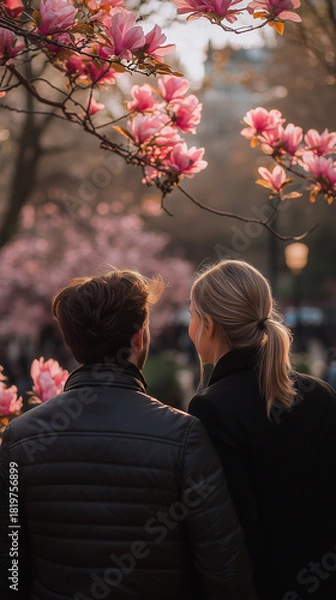 Fototapeta A couple stands together enjoying the beautiful pink magnolia blossoms blooming brightly in a sunny spring park.