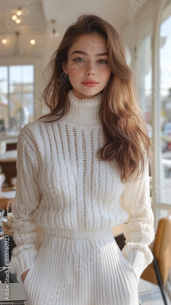 Fototapeta A stylish person stands calmly indoors, wearing a cozy white knitted turtleneck sweater and comfortable matching textured pants.