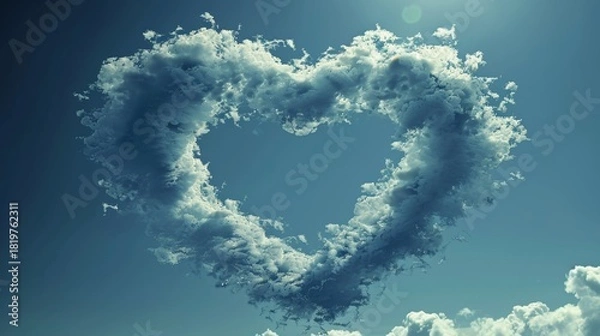 Fototapeta Valentine heart sculpted from clouds and sunlight, drifting in sky with soft pastel tones, magical particles around, surreal atmosphere