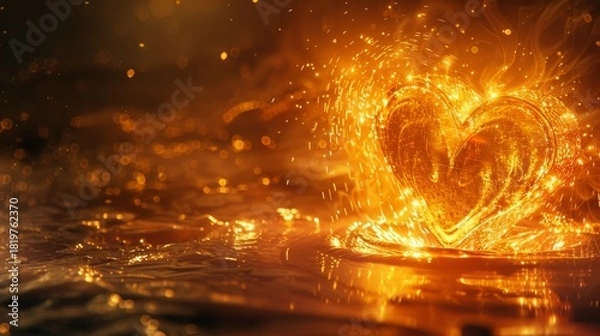 Fototapeta Molten gold heart dripping luminous liquid metal, shimmering sparks, dark background, high contrast surreal art