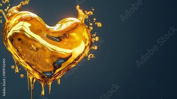Fototapeta Molten gold heart dripping luminous liquid metal, shimmering sparks, dark background, high contrast surreal art
