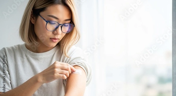 Fototapeta Young Asian woman checking bandage on arm after vaccination. Female patient with glasses looking at adhesive plaster on shoulder. Healthcare and immunity concept with copy space