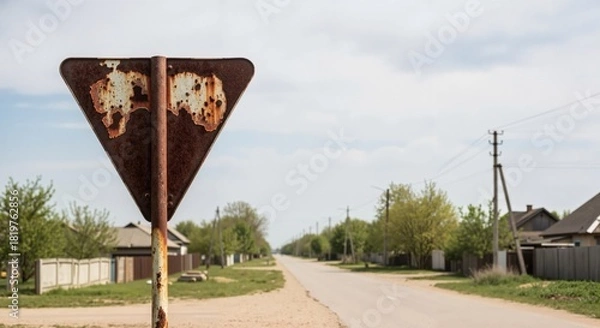 Fototapeta Back view of a rusty road sign on a rural street. Old weathered metal triangle with corrosion and peeling paint