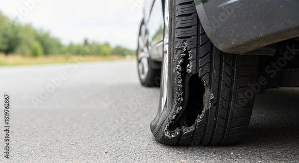 Fototapeta Damaged car tire with a large blowout on the road. Flat tire with torn rubber sidewall and hole. Car breakdown and safety concept with copy space