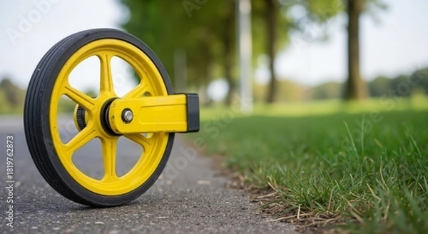 Fototapeta Yellow measuring wheel on asphalt road. Surveyor tool for measuring distance outdoors. Construction and engineering equipment with copy space