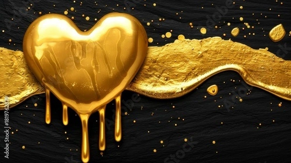 Fototapeta Molten gold heart dripping luminous liquid metal, shimmering sparks, dark background, high contrast surreal art
