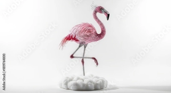 Obraz Elegant pink flamingo sculpture gracefully poised on cloud base intricate wire construction highlighting delicate form against pristine white setting showcasing artistry