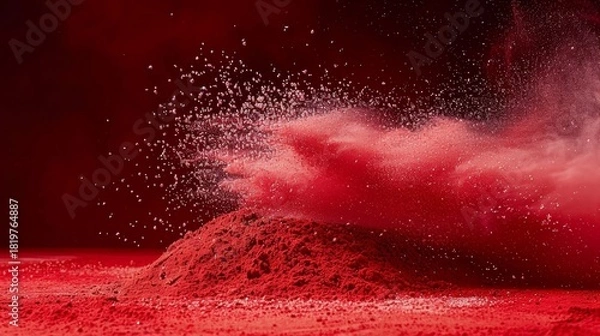 Fototapeta Dynamic explosion of red and white particles on dark background, romantic abstract burst