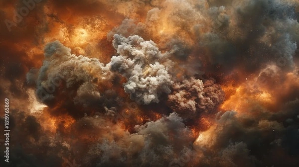 Fototapeta Dynamic explosion of red and white particles on dark background, romantic abstract burst