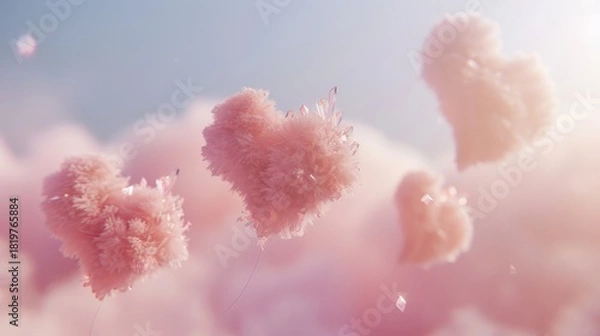 Fototapeta Crystal shards and hearts made of light, floating in soft rose mist, surreal minimalism