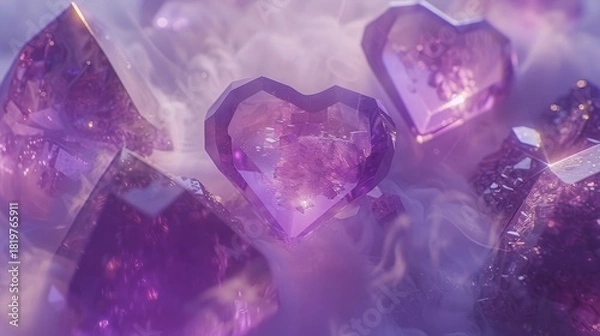 Fototapeta Crystal shards and hearts made of light, floating in soft rose mist, surreal minimalism