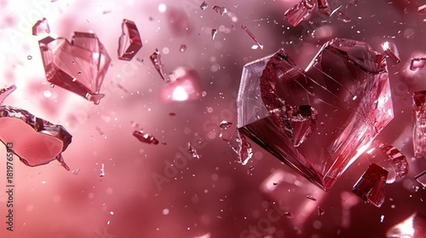 Fototapeta Crystal shards and hearts made of light, floating in soft rose mist, surreal minimalism