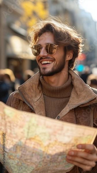 Fototapeta A happy young man with sunglasses is smiling brightly while holding a paper map, exploring a sunny city street.
