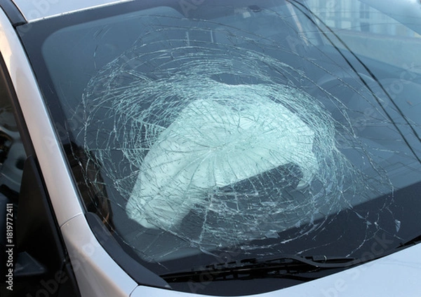 Fototapeta Broken car windshield with deployed airbag