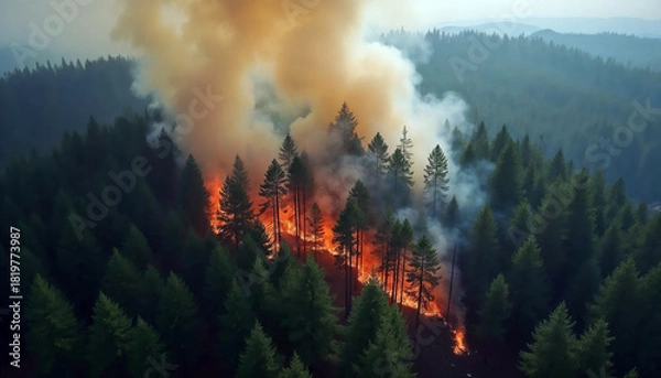 Fototapeta Massive forest fire with thick smoke and flames spreading among pine trees in mountainous landscape for emergency, climate change, and wildfire awareness