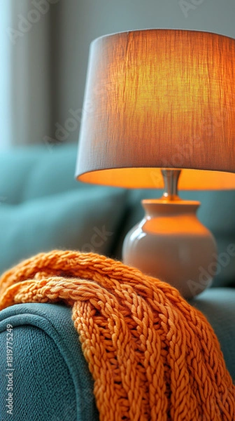 Fototapeta A cozy living room scene with a warm glowing table lamp and an orange knitted blanket draped over a teal sofa.