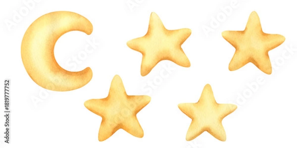 Fototapeta Watercolor set of moon and stars. Kids hand drawn illustration with cute moon and stars. Watercolor sky in Childish style. Cartoon illustration for baby shower, invitations, kids nursery