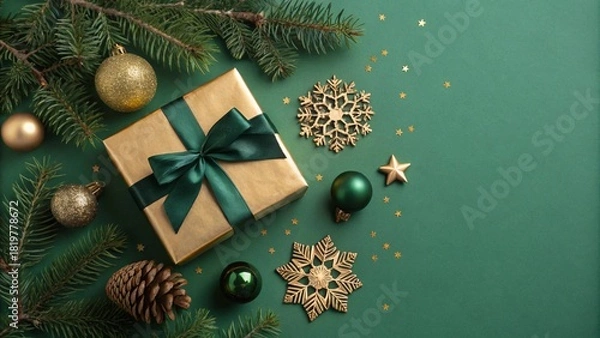 Obraz Golden present wrapped with green bow surrounded by festive decorations and green pine