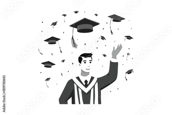 Obraz Joyful Male Graduate Celebrating Success Throwing Cap Grayscale Vector Art Illustration