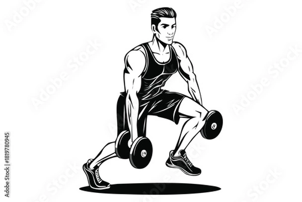 Obraz Strong Male Bodybuilder Doing Lunges with Dumbbells Intense Workout Line Art