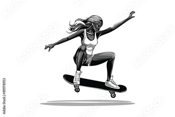Obraz Dynamic Silhouette of Young Woman Skateboarding with Energy and Style