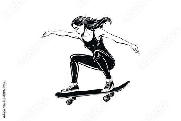 Obraz Stylish Silhouette of Young Woman Skateboarding in Leggings with Dynamic Pose