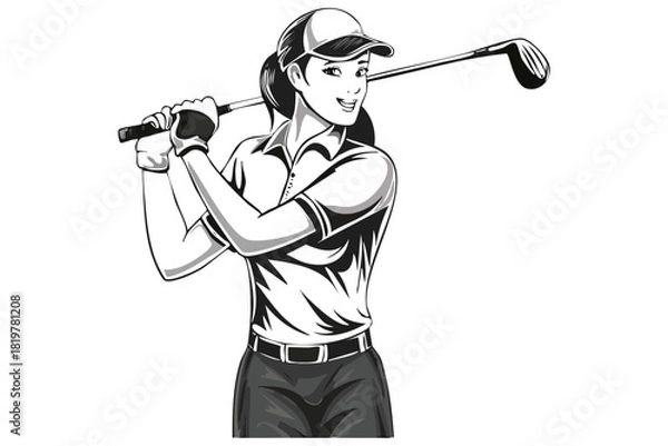 Obraz Cheerful Female Golfer Swinging Club with Confident Smile and Cap