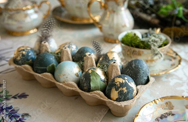 Obraz Painted Easter eggs are on a served table, spring photo, Easter holiday concept. 