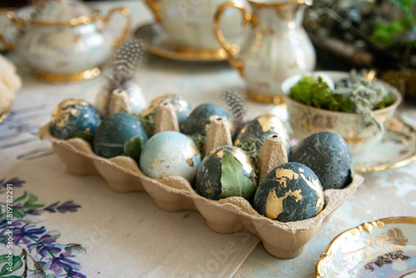 Obraz Painted Easter eggs are on a served table, spring photo, Easter holiday concept. 