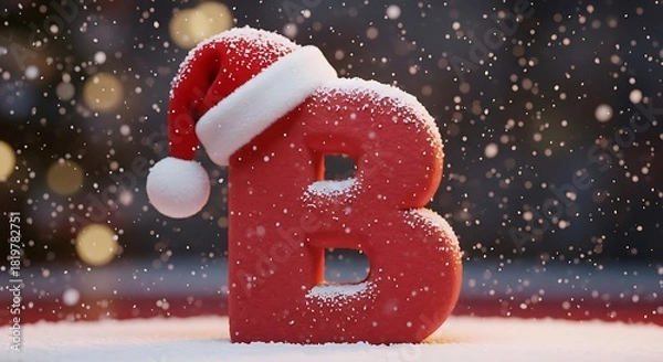 Fototapeta A red letter b wearing a santa hat in the snow with bokeh lights in the background during winter time