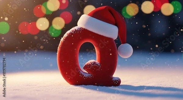 Fototapeta A red letter q wearing a santa hat sitting in snow with bokeh lights in the background during winter