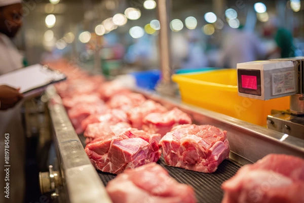 Obraz Fresh pork meat on conveyor belt in processing facility