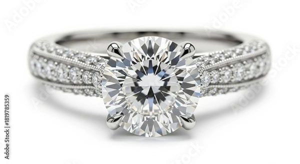 Obraz Elegant diamond engagement ring with white gold band on white background  
