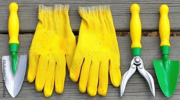 Fototapeta Bright gardening tools and gloves arranged on rustic wooden surface. Vibrant set symbolizing planting, pruning, outdoor maintenance, landscaping and home gardening activities
