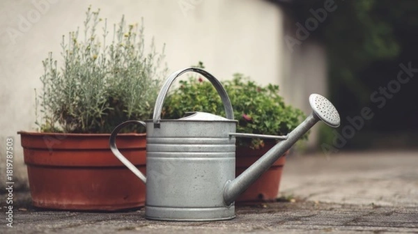 Fototapeta Classic galvanized watering can placed beside blooming potted plants. Calm garden atmosphere ideal for home gardening visuals