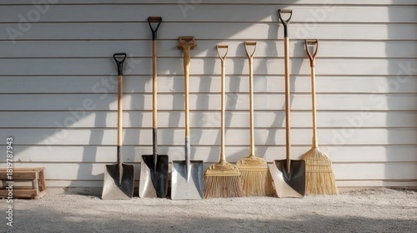 Fototapeta Long-handled shovels and brooms neatly arranged against alight wooden exterior wall. Clean outdoor workspace with simple shadows and natural light