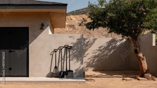 Obraz Set of gardening tools leaning against a stucco wall in sunny outdoor area. Rakes and shovels casting shadows beside modern building and tree. Minimal landscaping scene