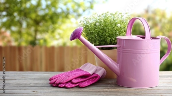 Obraz Pink watering can and matching gloves placed beside potted green plant on wooden table. Bright garden setting with soft sunlight and natural greenery