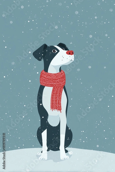 Fototapeta Black and white dog wearing a red scarf sitting in falling snow against a soft winter background