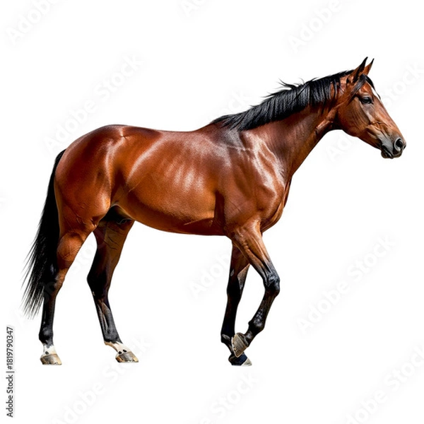 Fototapeta A chestnut horse with black mane and tail walking on a black background in a side profile view shot