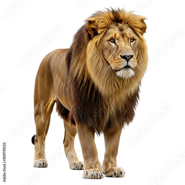 Fototapeta A full body portrait of a majestic lion with a thick mane standing against a black background